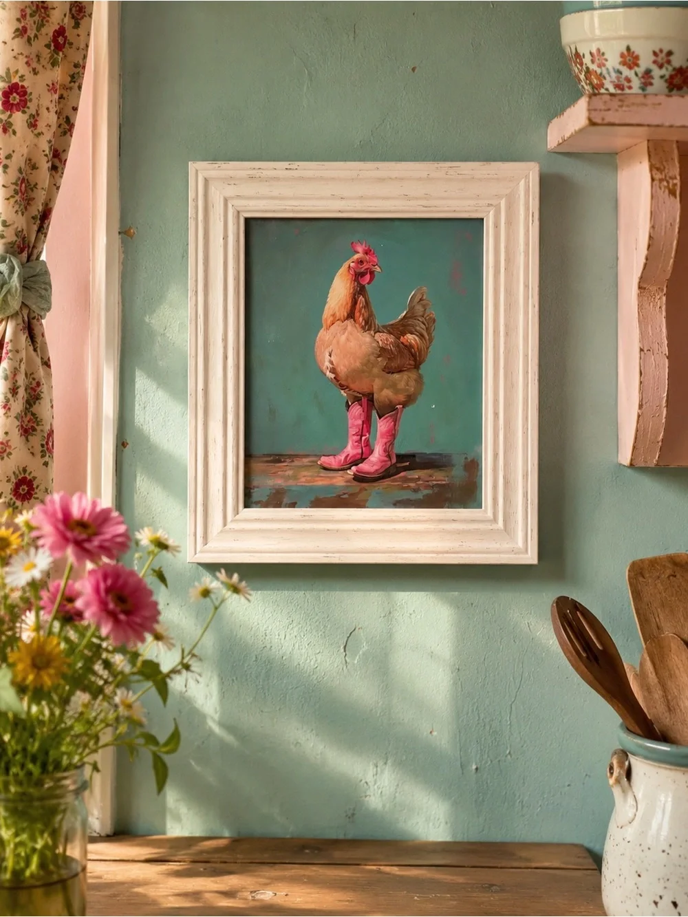 Pink Cowboy Boots Chicken Canvas Art Print Quirky Farm Art Framed Western Art